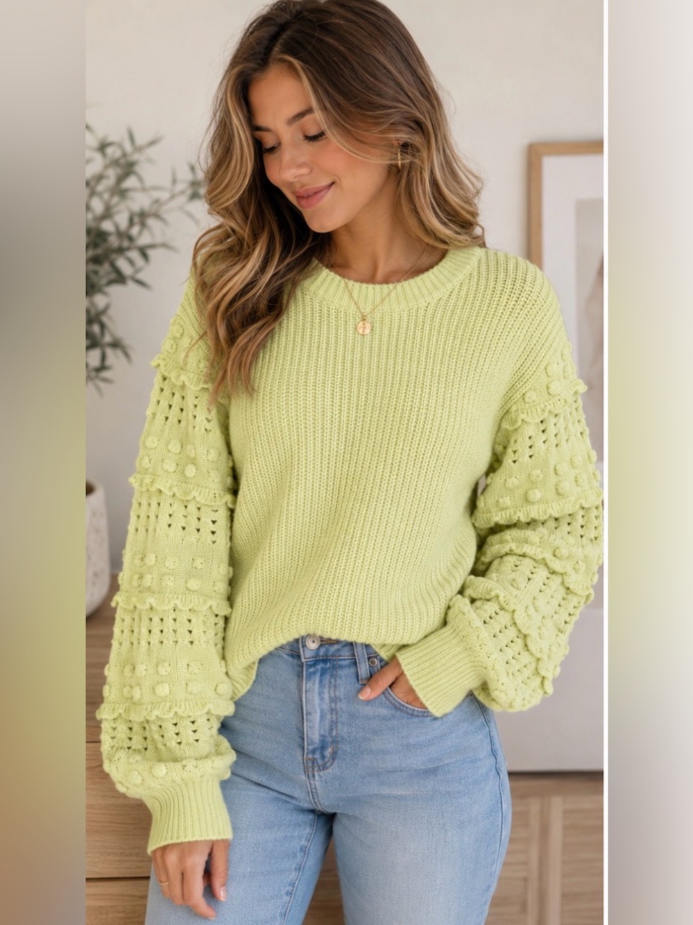 Entro Pom Pom Tiered Sleeve Knit Sweater Size Medium – Excellent Used Condition
